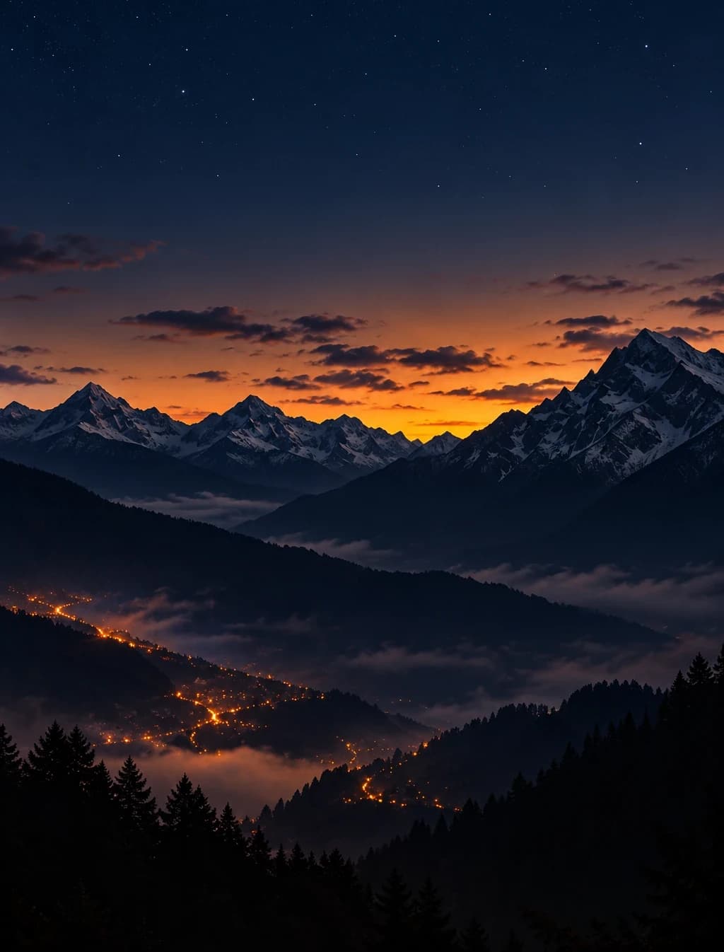 Himalayan mountain peaks at sunset in Uttarakhand
