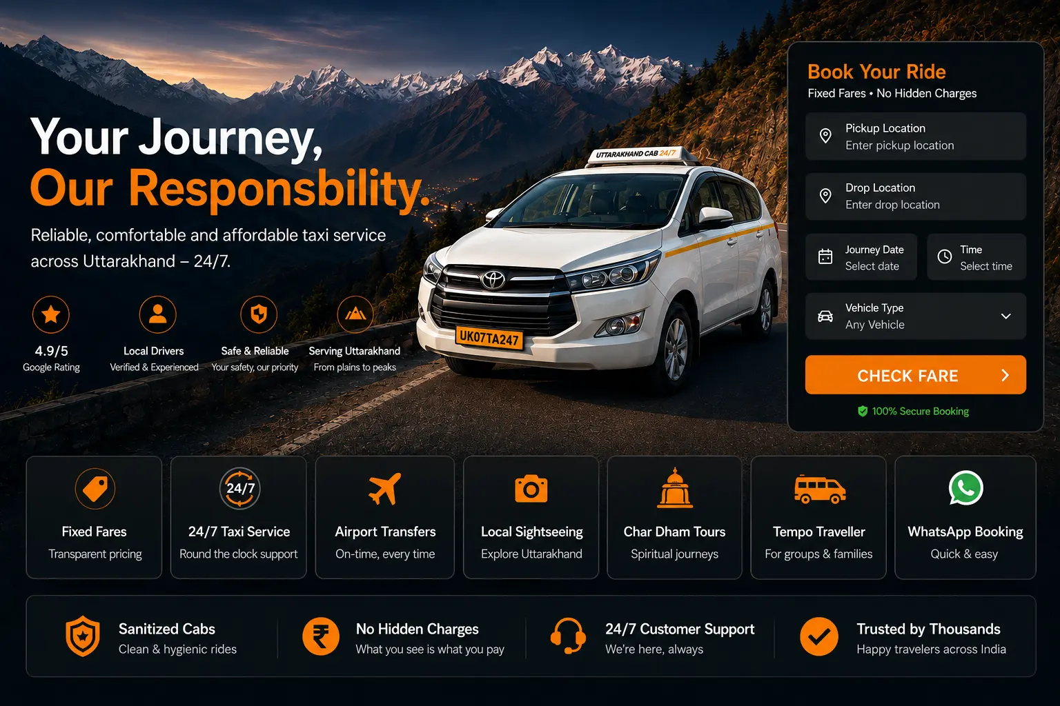 Uttarakhand Cab 24/7 overview showing taxi services, fixed fares, booking and Uttarakhand travel support
